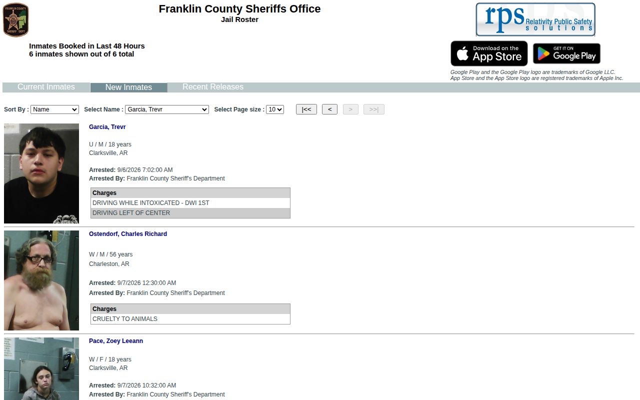 Franklin County recent booking screen for 24 hour arrest checks