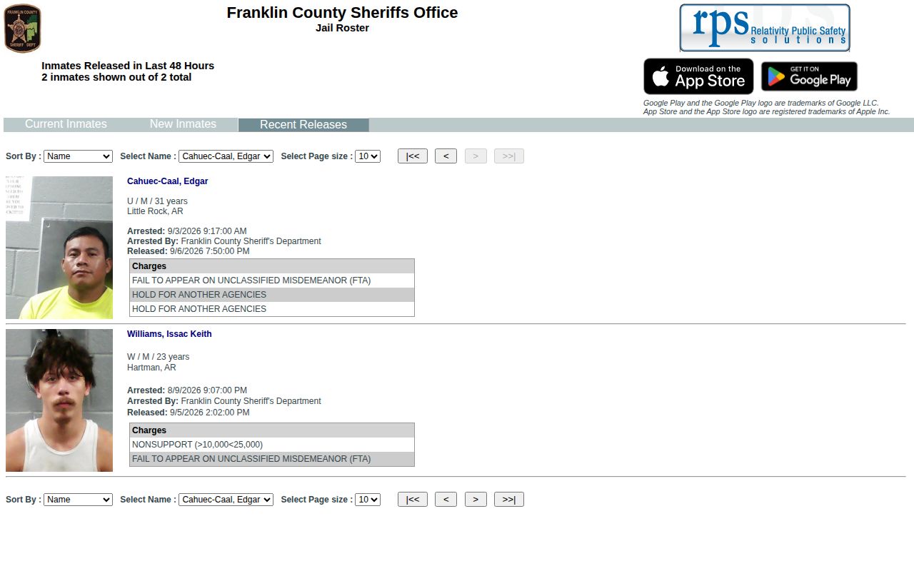 Franklin County arrest log recent release interface