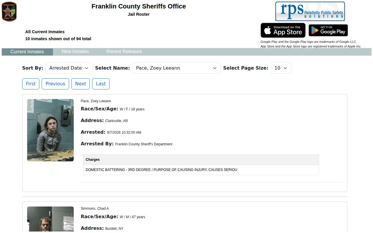 Franklin County official jail roster current inmates interface and search controls