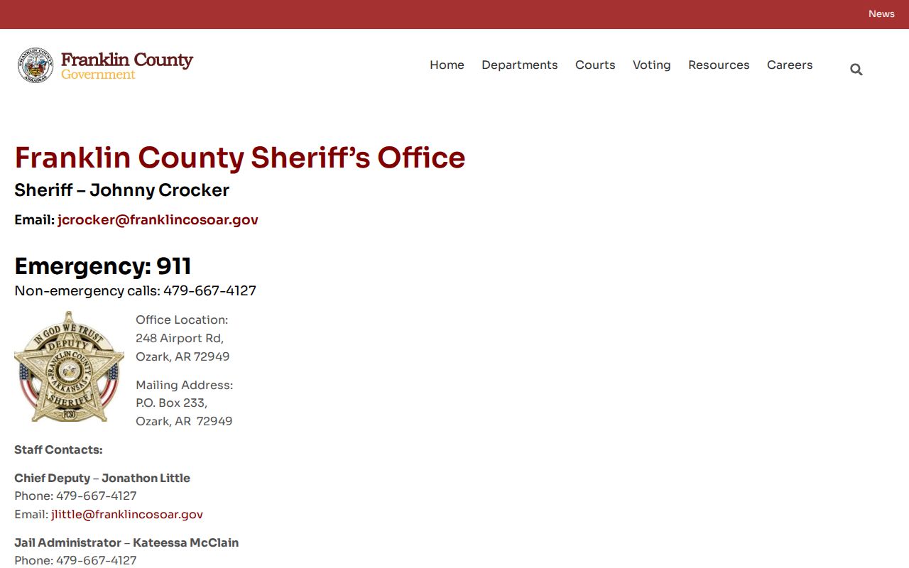 Franklin County sheriff office, jail, and district contact information