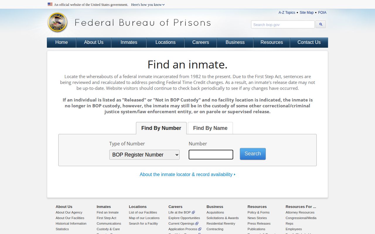 Federal Bureau of Prisons inmate locator search controls