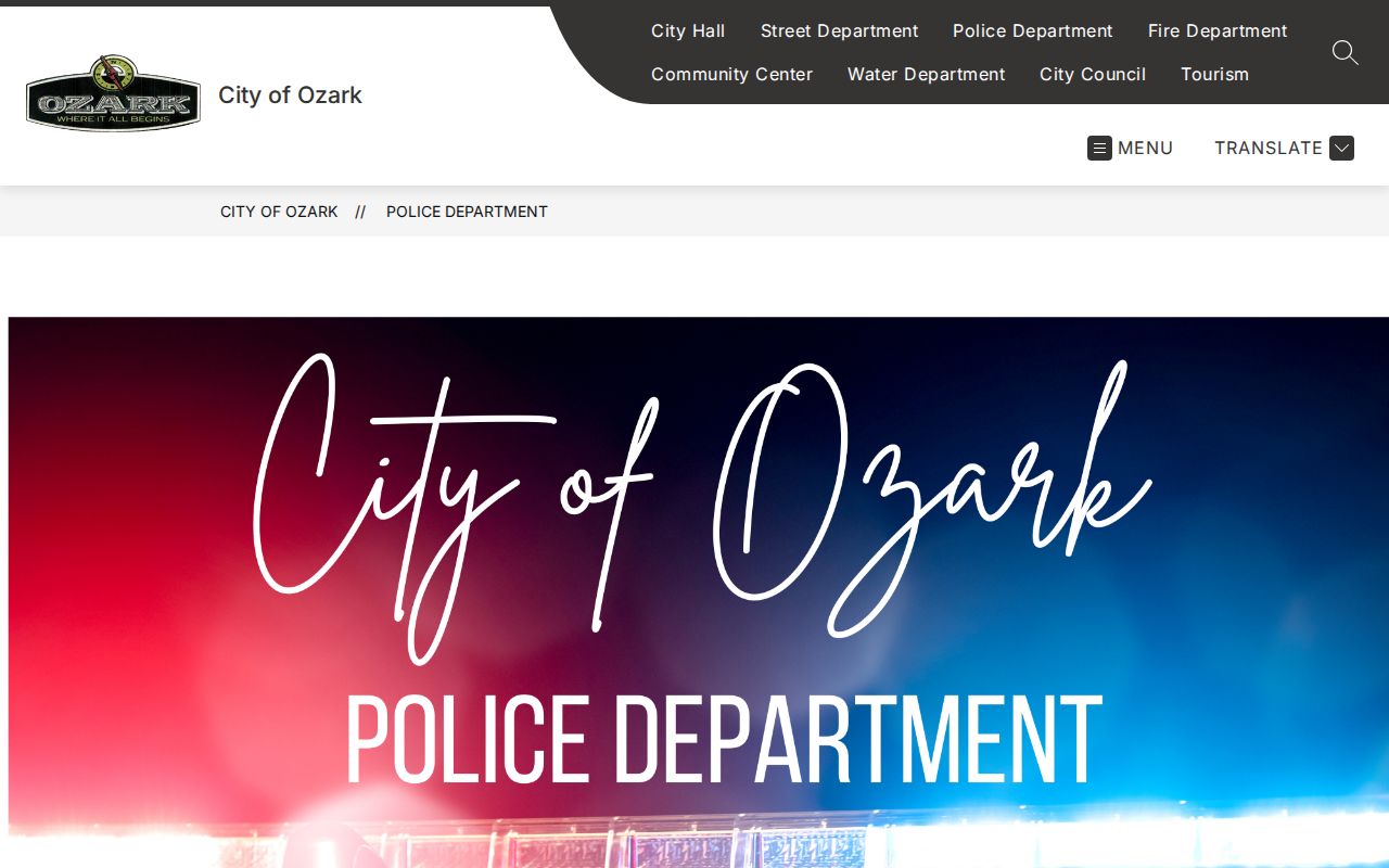 Official City of Ozark Police Department webpage and municipal contact information