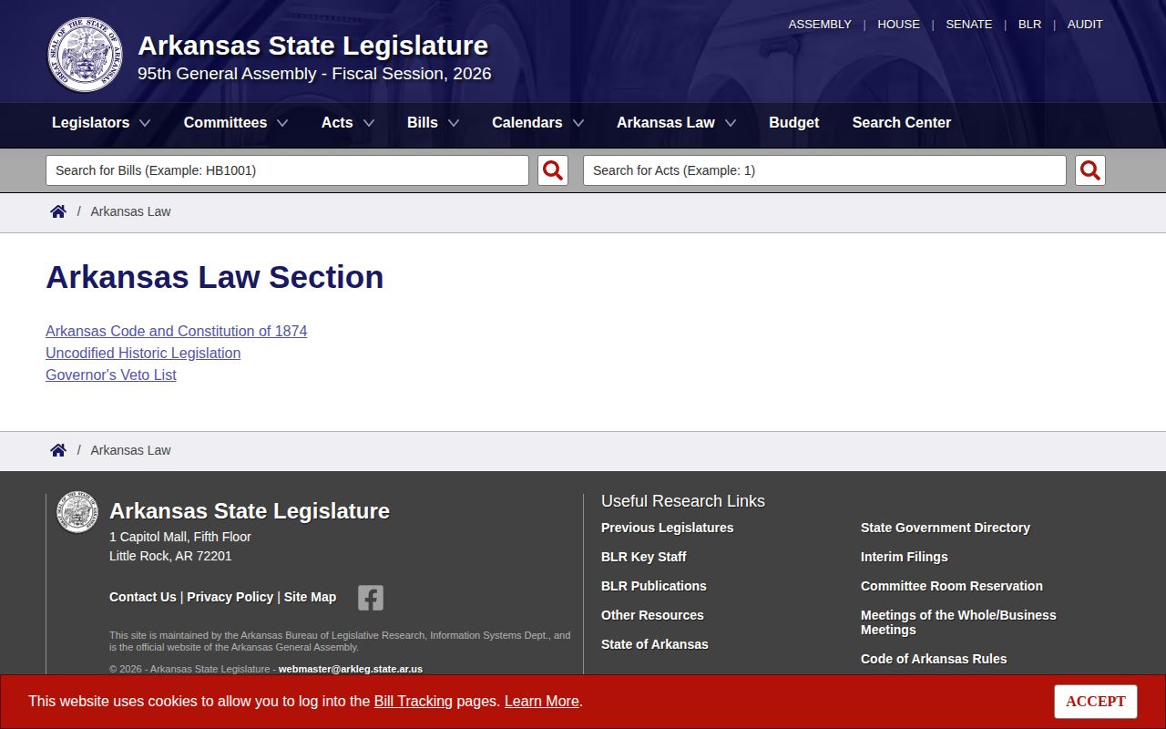 Arkansas General Assembly official code search interface for arrest record law
